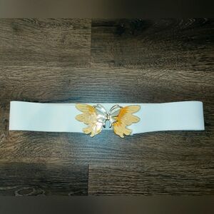 Vintage 1970s-1980s Retro White Elastic and Gold Metal Butterfly Adjustable Belt